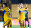 Gignac, Brunetta y Greta Espinoza celebrando un gol con Tigres.