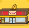 La ilustración de una tienda Oxxo con un fondo de color amarillo y alginas monedas a su alrededor
