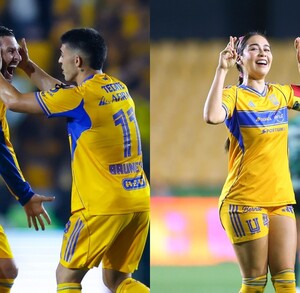 Gignac, Brunetta y Greta Espinoza celebrando un gol con Tigres.