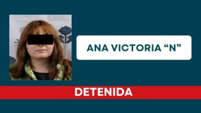 Ficha de detención de la Fiscalía de Jalisco con foto y nombre de una mujer identificada como  Ana Victoria ‘N’ con los ojos censurados por un cuadro negro