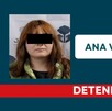 Ficha de detención de la Fiscalía de Jalisco con foto y nombre de una mujer identificada como  Ana Victoria ‘N’ con los ojos censurados por un cuadro negro