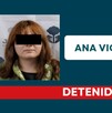 Ficha de detención de la Fiscalía de Jalisco con foto y nombre de una mujer identificada como  Ana Victoria ‘N’ con los ojos censurados por un cuadro negro