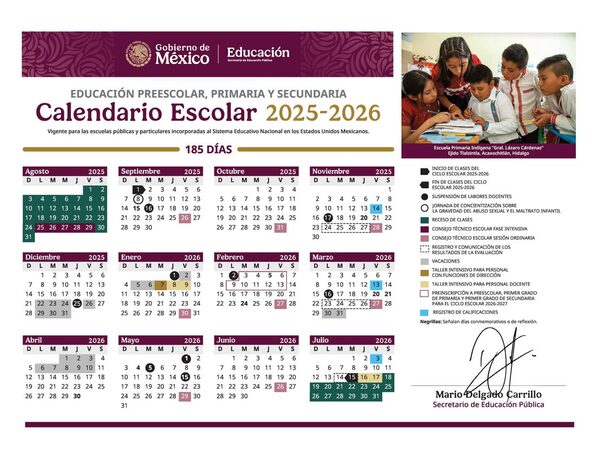 Calendario escolar oficial de escuelas de nival básico 2025-2026 de la SEP. .