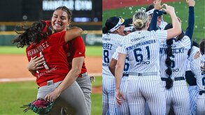 Jugadoras de Diablos Rojos y Sultanas Femenil celebrando su pase a la Serie de la Reina.
