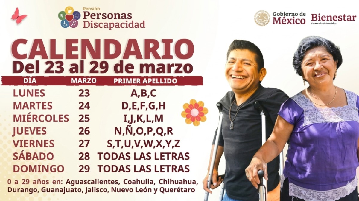 Calendario por letra para el registro de la Pensión Bienestar para personas con discapacidad.