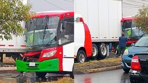 Camión de transporte público choca contra tráiler en la zona industrial de Toluca; reportan pasajeros heridos.