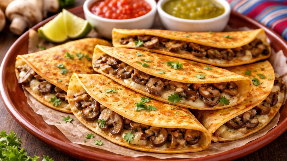 Quesadillas de champiñones acompañados de salsas y hierbas finas.