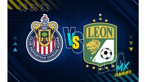 Un gráfico promocional del partido entre Chivas y León para el Clausura de la Liga MX, mostrando los escudos de ambos equipos sobre un fondo azul.