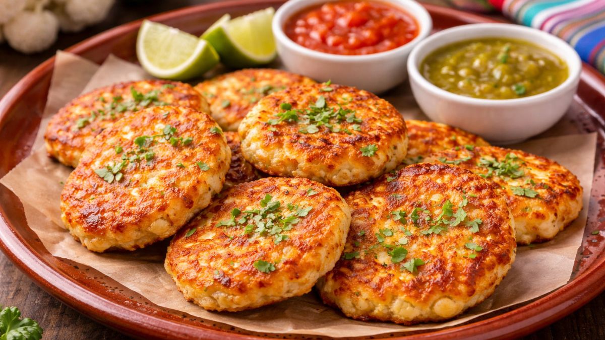 Tortitas de coliflor doradas servidas en un plato con salsa.