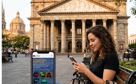 Mujer sentada en banca y de fondo el teatro degollado