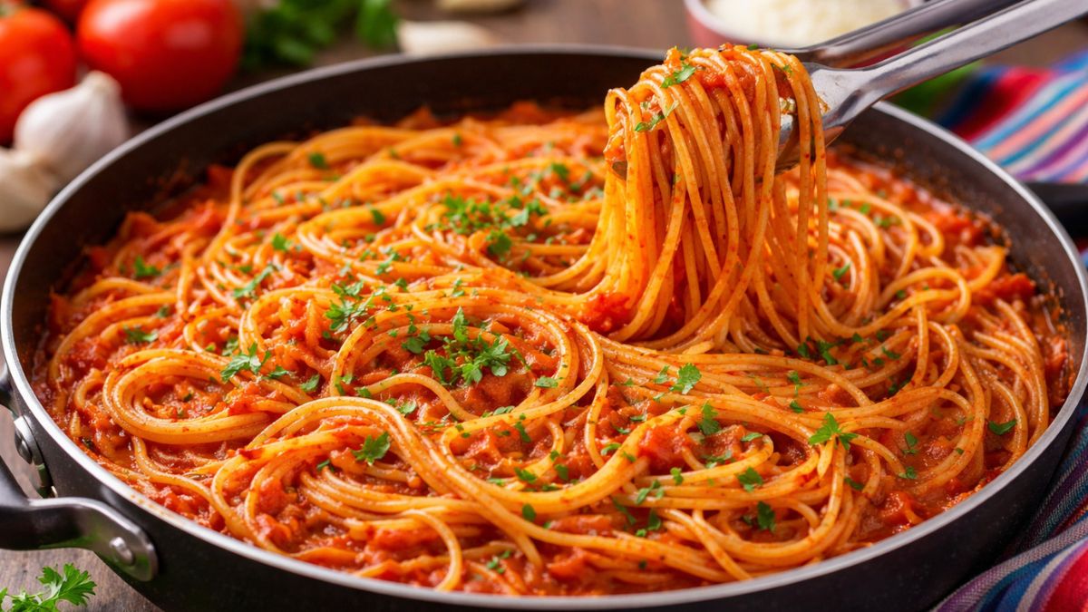 Espagueti rojo servido en una cacerola.