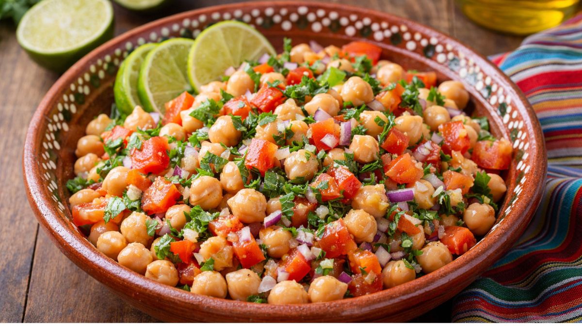 Ensalada de garbanzo estilo mexicano con jitomate, hierbas y cebolla.