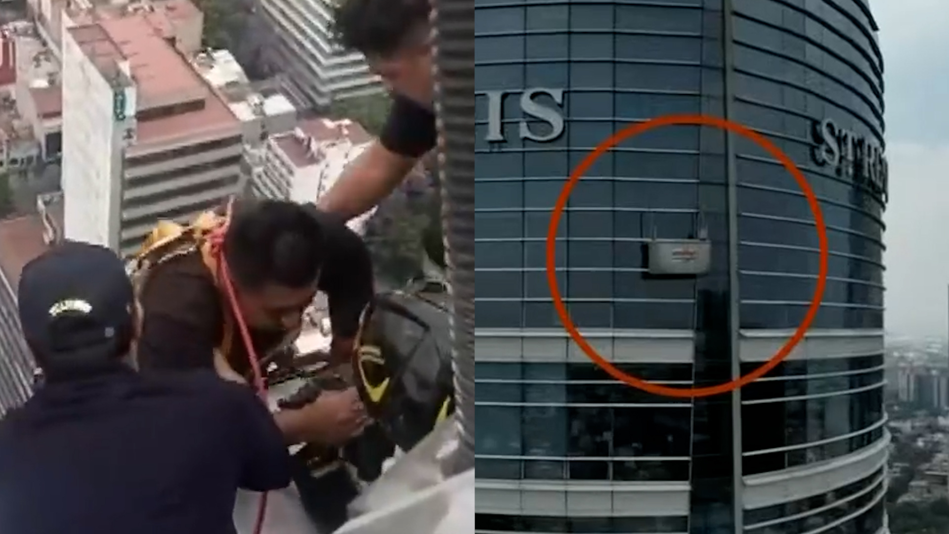 Rescate en Paseo de la Reforma hoy. Un trabajador quedó atrapado a 150 metros de altura tras falla en góndola. Revelan negligencia y falta de capacitación.