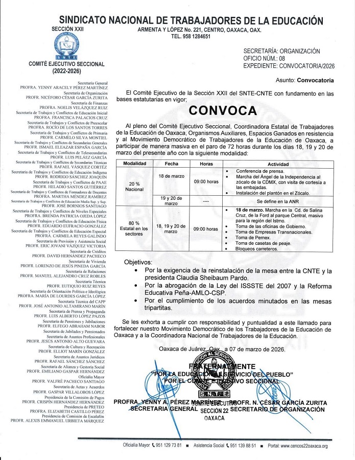 Convocatoria del Sindicato Nacional de Trabajadores de la Educación para una protesta en Oaxaca y CdMx.