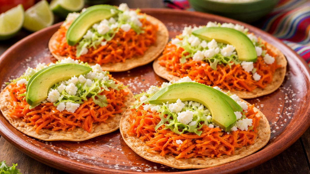 Tostadas de tinga de zanahoria adornada con lechuga, queso blanco y aguacate.