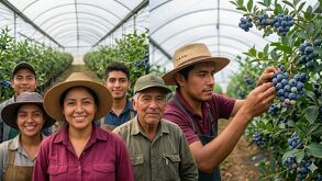 Equipo de cosechadores de Sun Berries en un invernadero de Lagos de Moreno, Jalisco