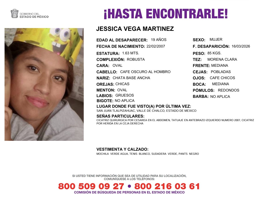 Ficha de desaparición de Jessica Vega Martínez