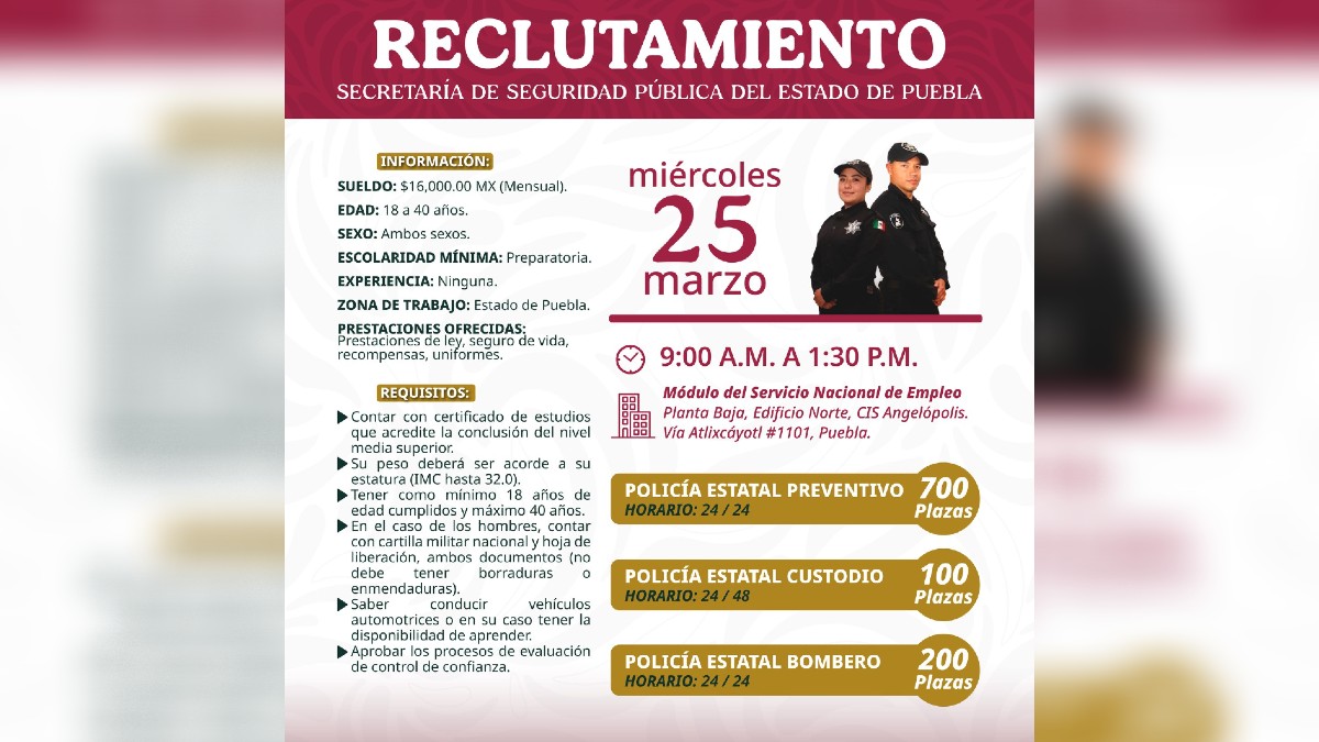 Requisitos y beneficios de las plazas de Policía Estatal en Puebla