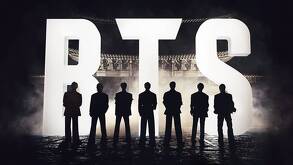 La silueta de todos los integrantes de BTS con las iniciales del grupo surcoreano en el fondo