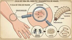 Ilustración del ciclo de vida del gusano barrenador en humanos.