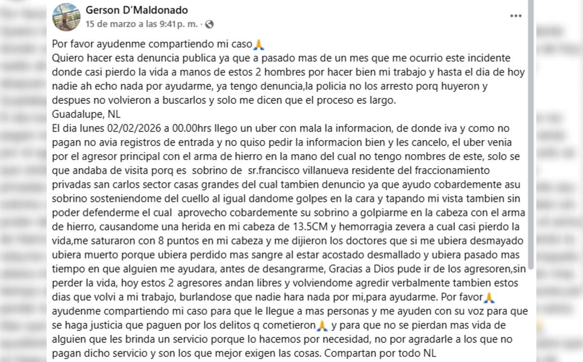 Publicación del guardia agredido en Guadalupe