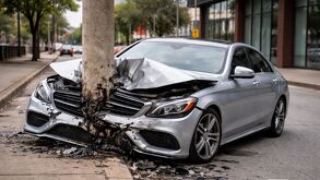 Mercedes Benz se impacta contra un poste tras omitir el alto en un cruce de José María Luis Mora; no hubo personas lesionadas, solo daños materiales.