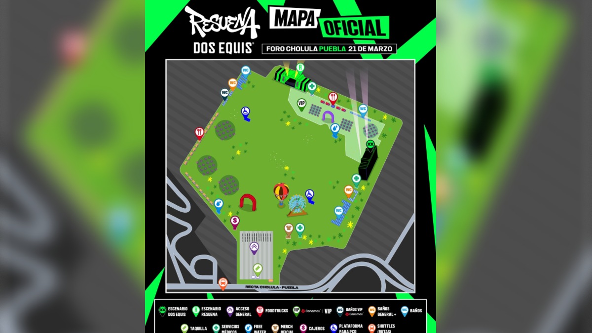 Mapa de ubicación de los servicios para quienes asistan al Festival Resuena Dos Equis