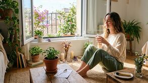 Mujer rodeada de flores y el sol prominente asomándose por la ventana.