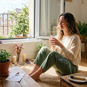 Mujer rodeada de flores y el sol prominente asomándose por la ventana.