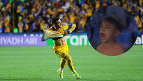 Gol de Fernando Gorriarán y festejo del pequeño aficionado.