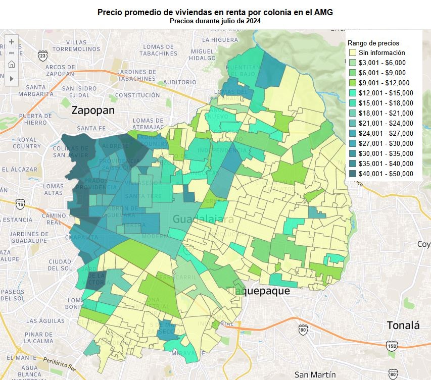 Mapa de colonias de Guadalajara de acuerdo al costo de la renta.