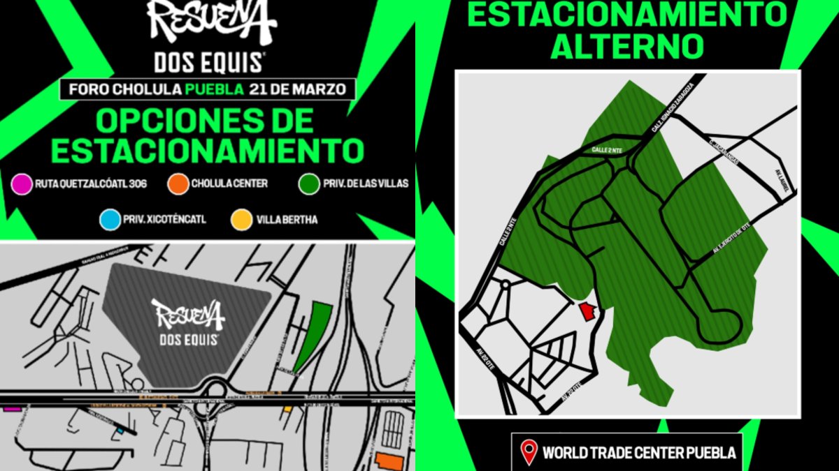 Esquemas de la ubicación de las opciones para estacionamiento para quienes asistan al Festival Resuena Dos Equis