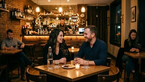Se observa a una mujer y un hombre sentados en una mesa, sonriendo y hay bebidas a sus costados, hay personal al fondo.