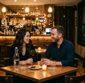 Se observa a una mujer y un hombre sentados en una mesa, sonriendo y hay bebidas a sus costados, hay personal al fondo.