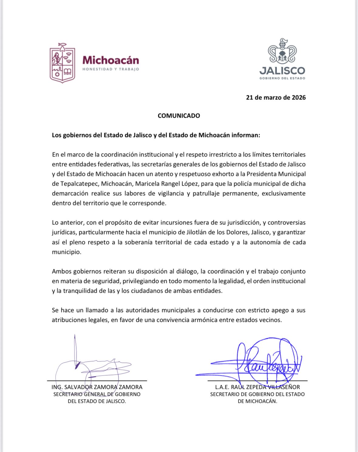 Comunicado gibierno Jalisco y Michoacán