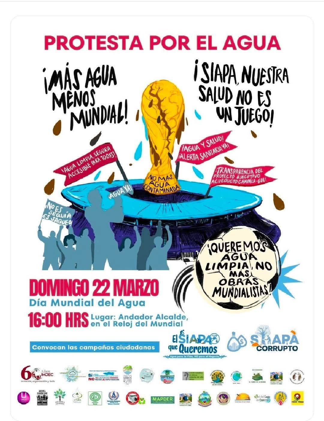 Flyer oficial del IMDEC con información sobre la protesta por la mala calidad del agua en Guadalajara