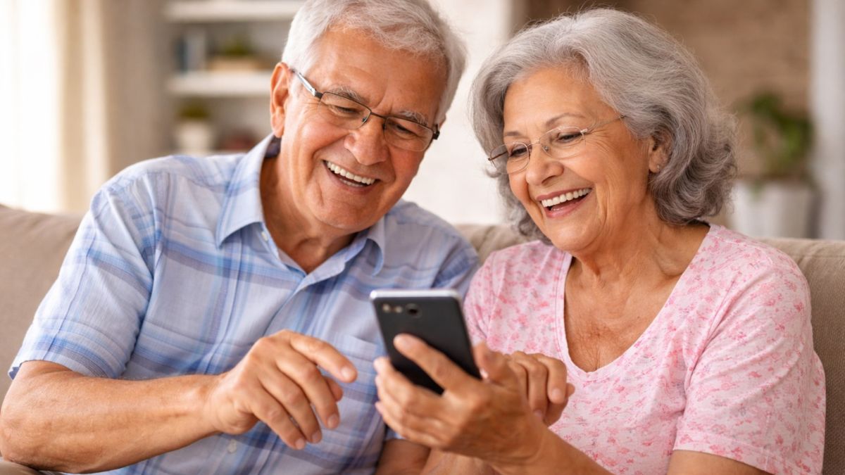 Pareja de adultos mayores usando su celular para gestionar trámites bancarios de forma digital desde casa, reflejando inclusión financiera y tecnología accesibl