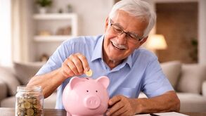 Imagen de adulto mayor ahorrando monedas en alcancía como parte de su planificación financiera en la jubilación