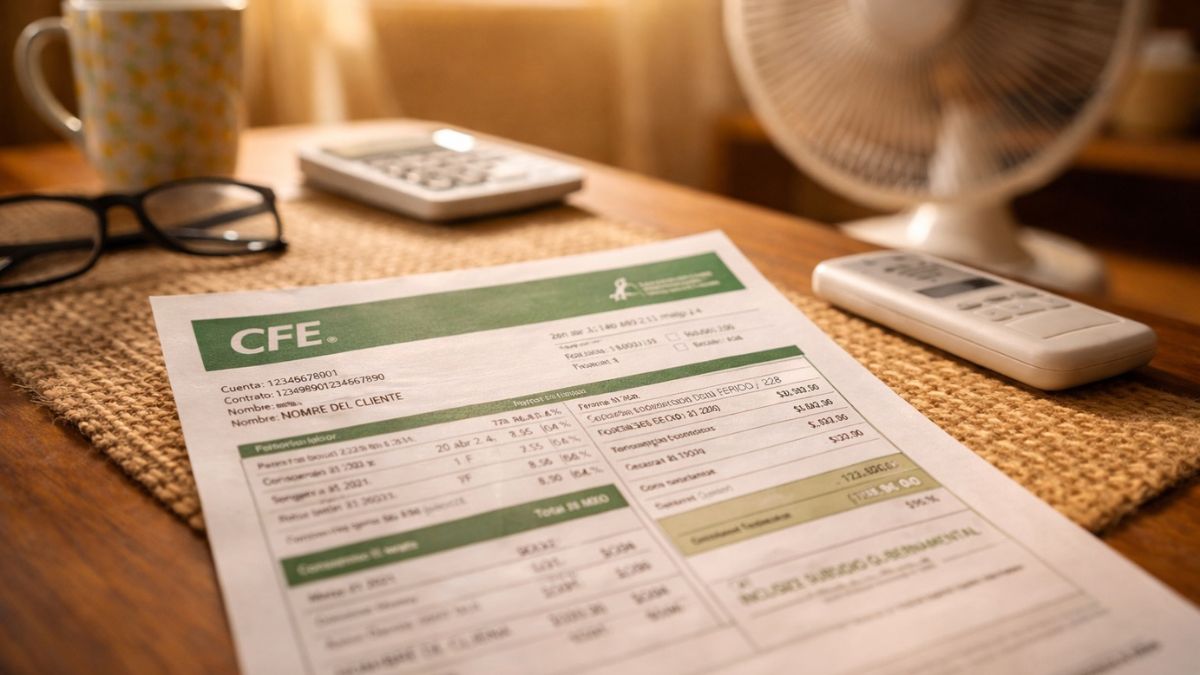 Un recibo de luz sobre una mesa, con un ventilador al fondo en un ambiente cálido.