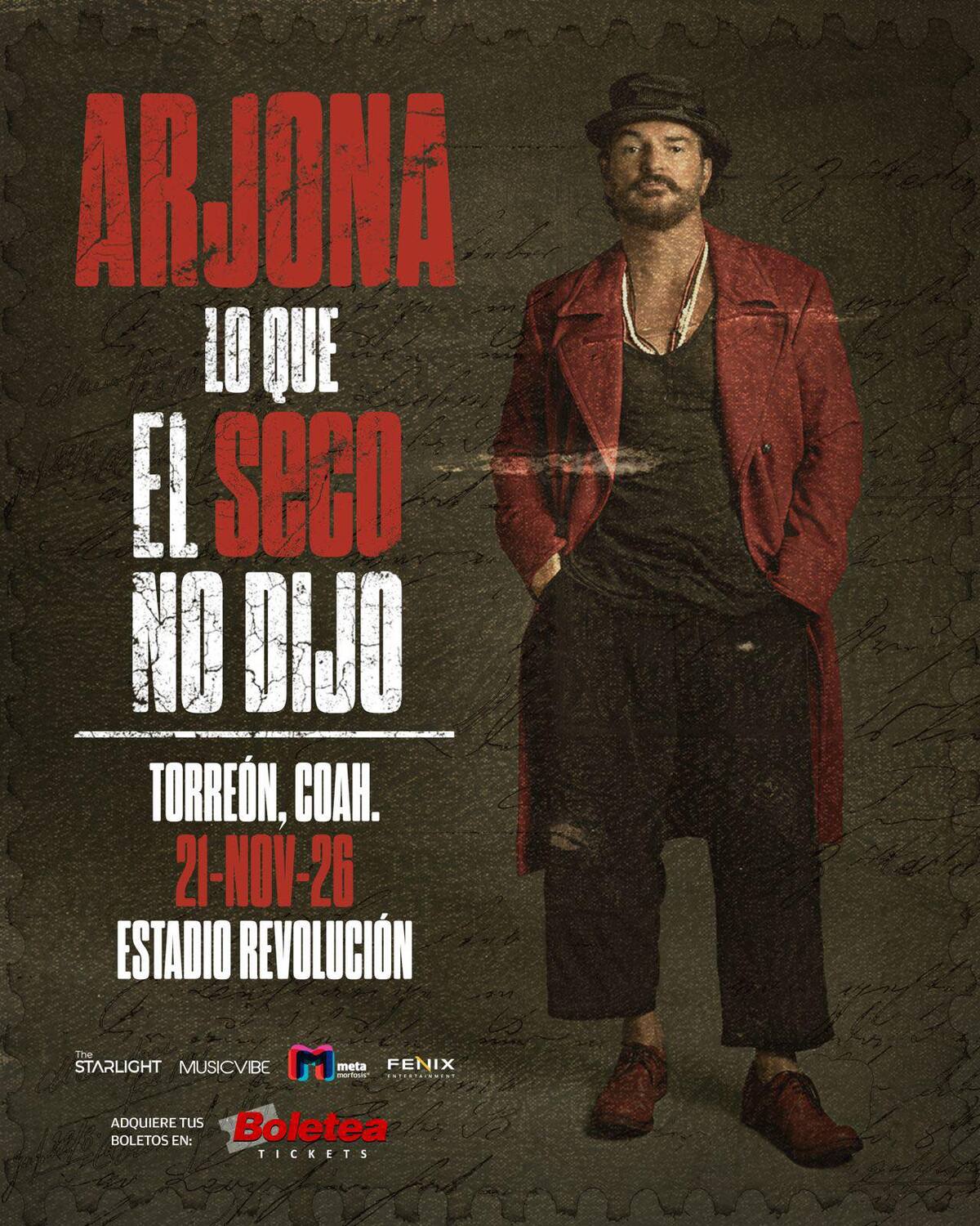 Poster oficial del concierto de Ricardo Arjona en Torreón, con detalles de la fecha del evento y de la venta de boletos.