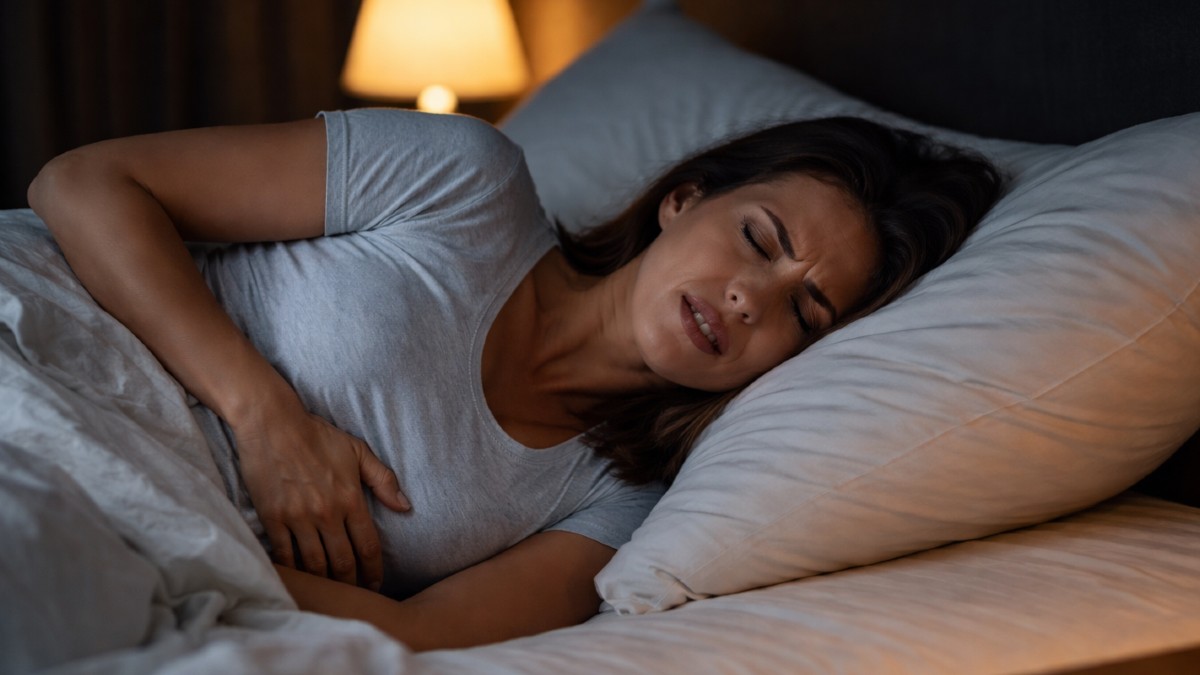 Una mujer acostada en su cama sufre dolores de estómago. La mujer se lleva la mano al punto donde le duele, mientras hace una mueca de dolor.