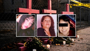 Imagen de tres mujeres asesinadas en Puebla, junto a una imagen de tres cruces rosas.