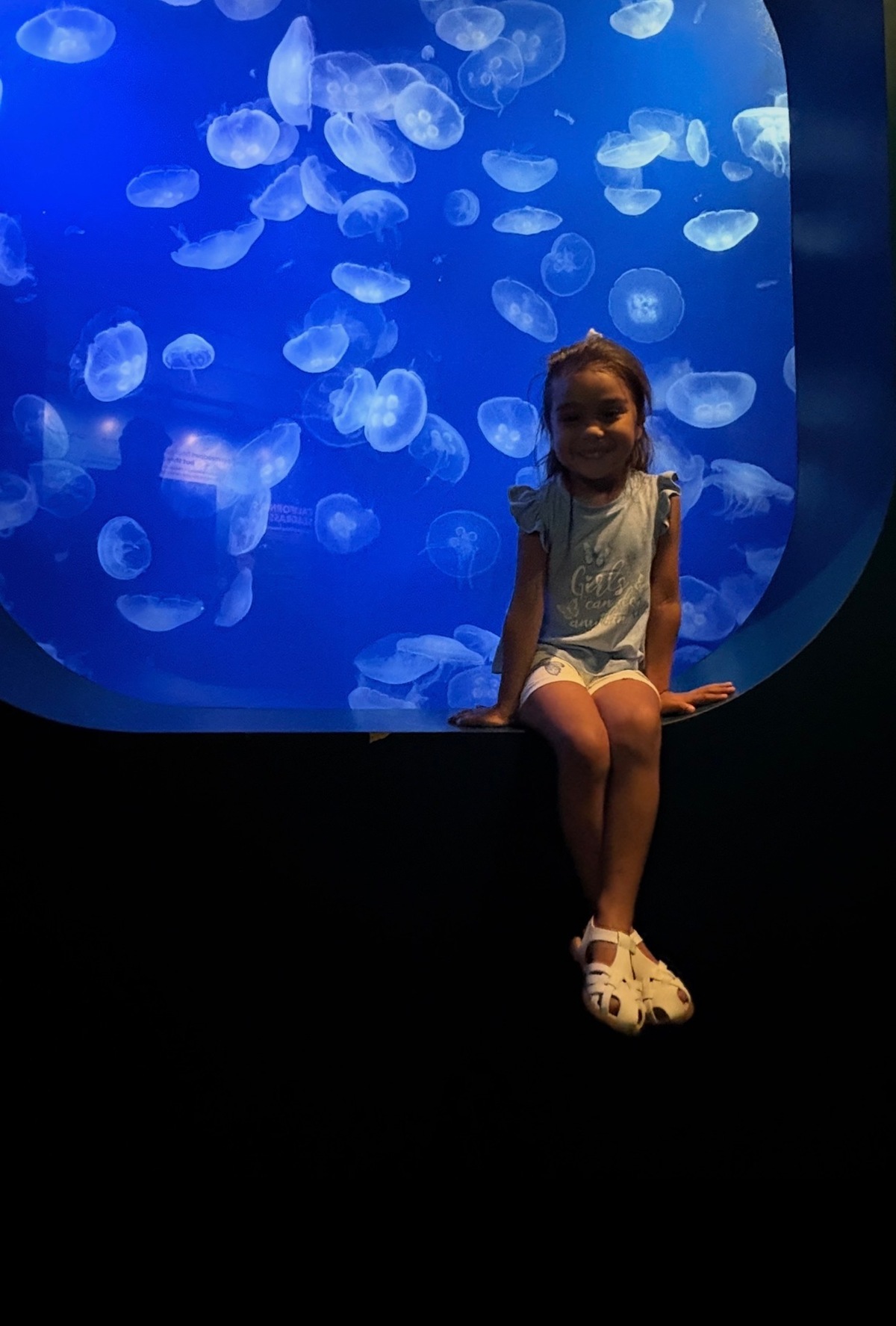 Niña Camila Romero posando en una pecera.