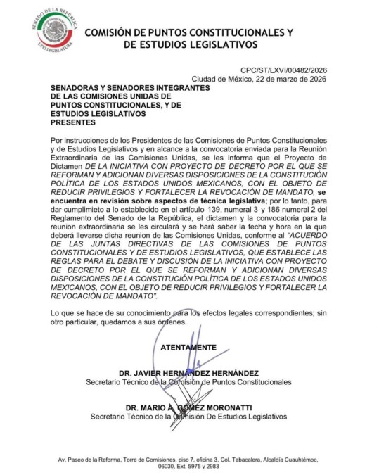 Comunicado donde se informa la suspensión de la discusión del Plan B reforma electoral.