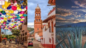 De izquierda a derecha: calles del Parián de Tlaquepaque con sombrillas de colores, calles de Tapalpa con su Catedral de fondo, y campos de agave en Tequila