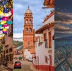 De izquierda a derecha: calles del Parián de Tlaquepaque con sombrillas de colores, calles de Tapalpa con su Catedral de fondo, y campos de agave en Tequila