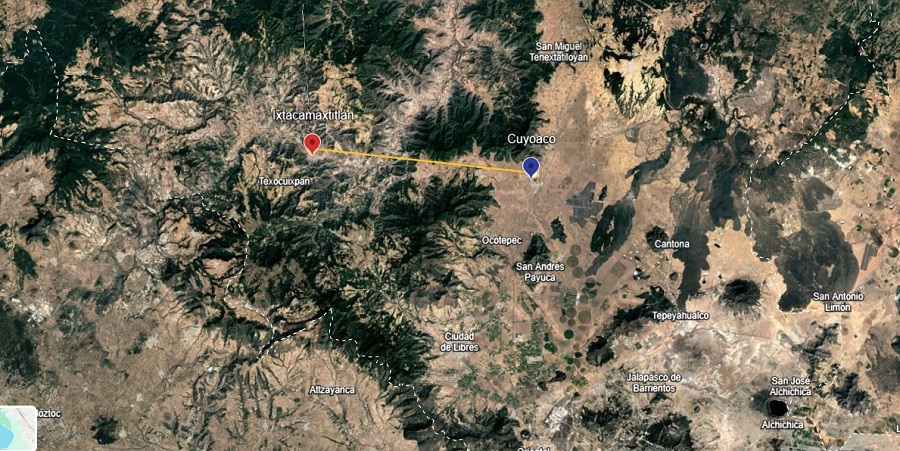 Vista panorámica de un mapa de Puebla señalando a Cuyoaco e Ixtacamaxtitlán.