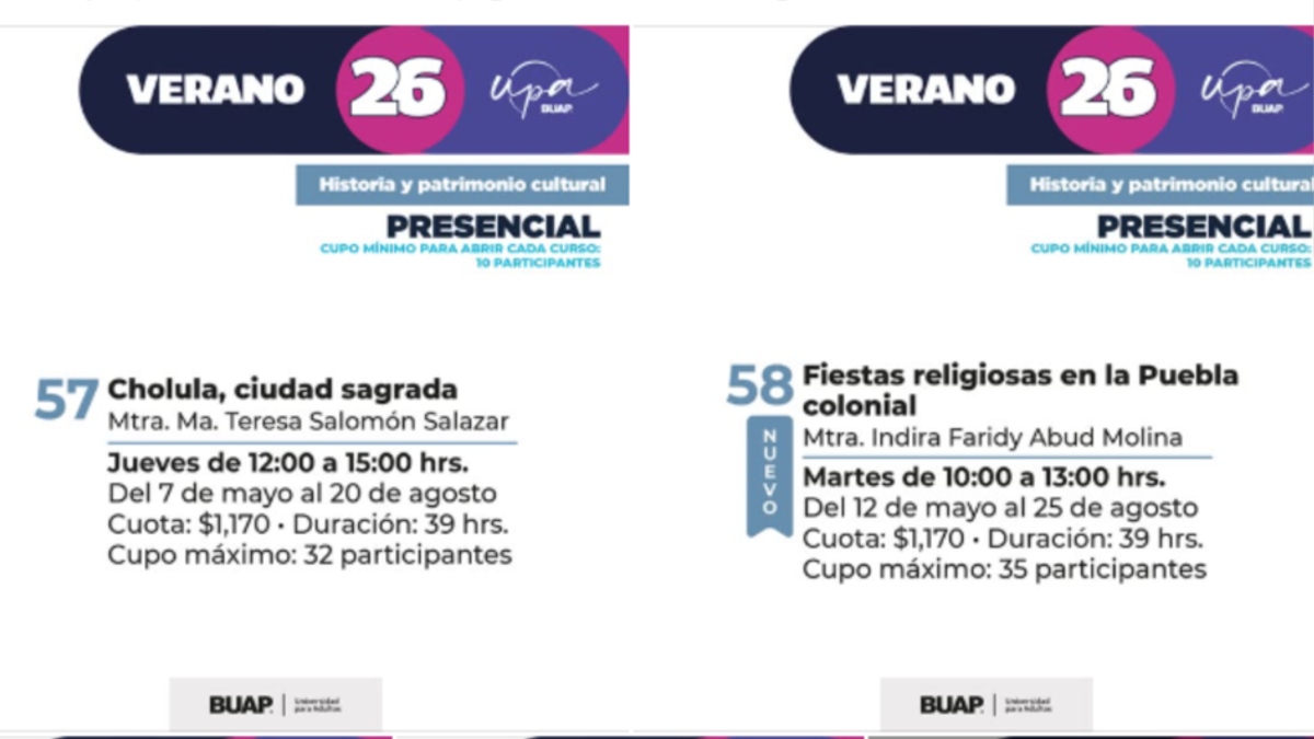 Dos ejemplos de la oferta de cursos de verano 2026 que oferta la Universidad para Adultos BUAP
