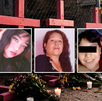 Imagen de tres mujeres asesinadas en Puebla, junto a una imagen de tres cruces rosas.