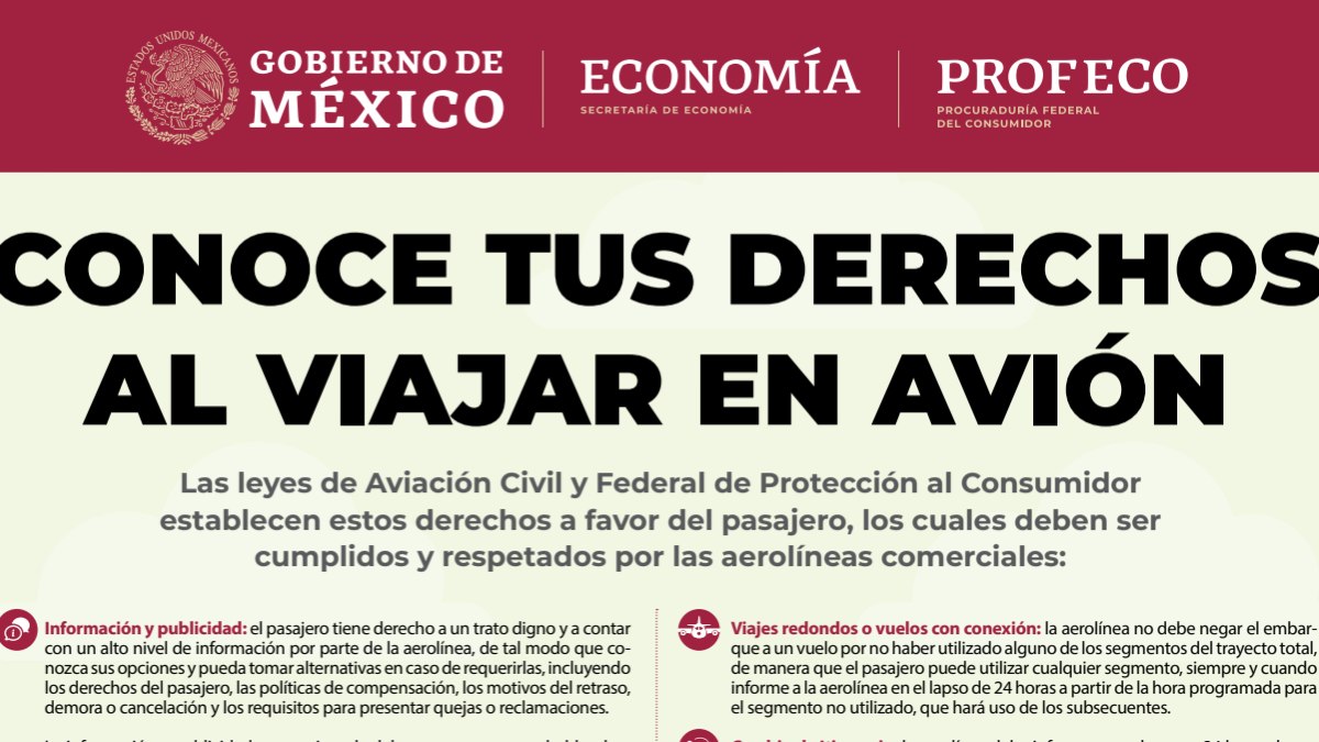 Boletín de los derechos de quienes realizan vuelos en aerolíneas en México de Profeco